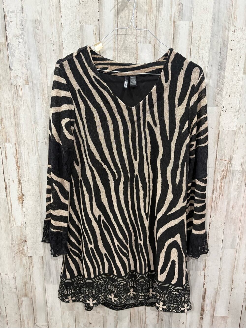 Kaktus Zebra Print Tunic Dress Lace Trim V-Neck Black Tan Boho Women’s Large